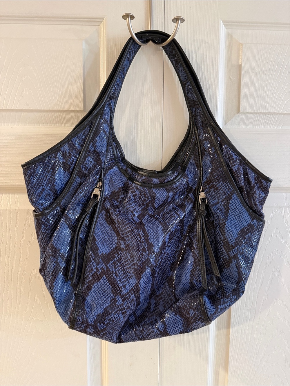Kooba Blue Snake-Print Shoulder Tote with Black Trim